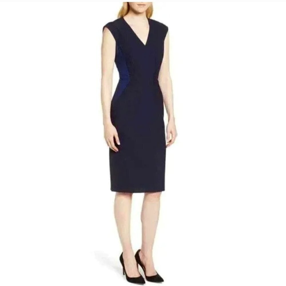 HUGO BOSS Dalana Navy Blue Sleeveless V-neck Sheath Career Dress Size 8 P